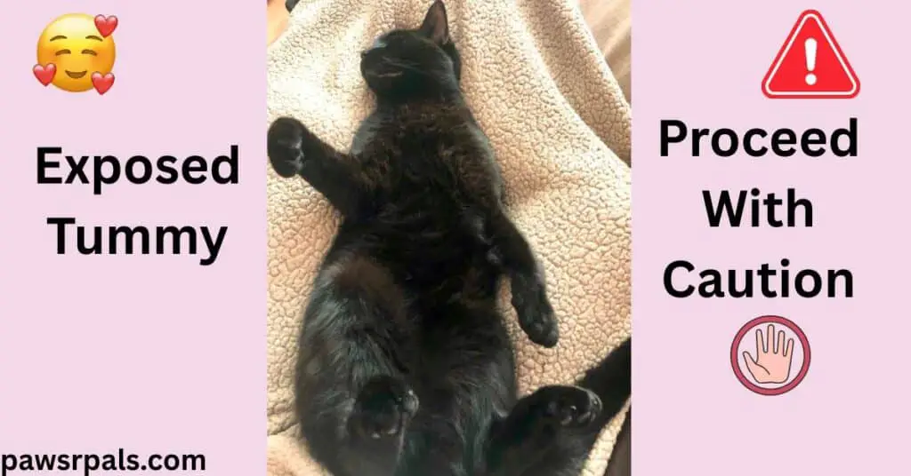 Exposed Tummy, Proceed With Caution. Image in centre of Pickles the black cat, lying on his back on a brown fluffy blanket, relaxed face, eyes closed, paws relaxed