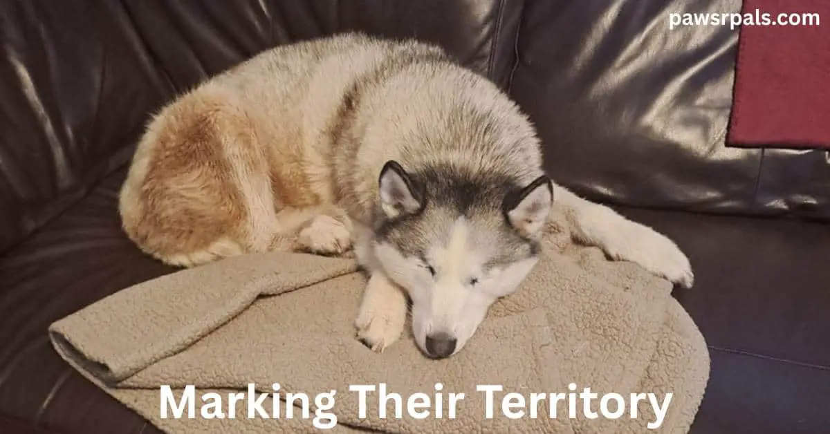 Marking Their Territory. Luna the blind grey and white siberian husky, lying in the corner of a brown leather sofa, head and top of the body on a brown blanket, red blanket over the back of the sofa in the background